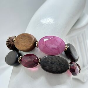 Vintage, Wood And Pink Purple Lucite Beaded Bracelets, Stretch, Boho